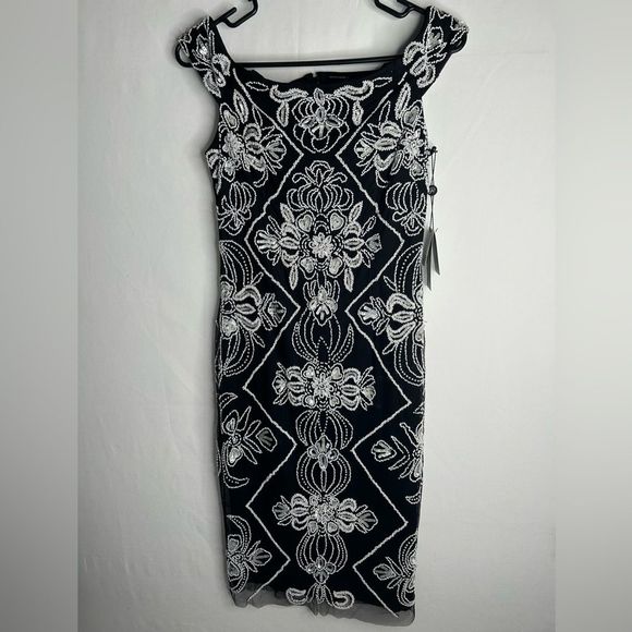 NWT Adrianna Papell Women’s Off Shoulder Fitted Beaded Dress. Black White. SZ 2P - Picture 14 of 15